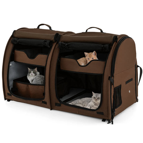 Double Compartment Pet Carrier with 2 Removable Hammocks-Brown