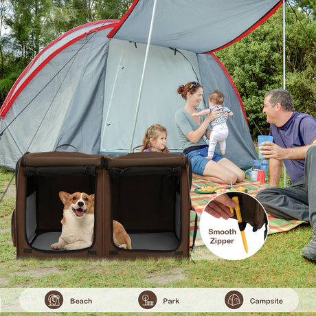 Double Compartment Pet Carrier with 2 Removable Hammocks-Brown