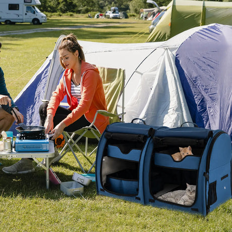 Double Compartment Pet Carrier with 2 Removable Hammocks-Navy
