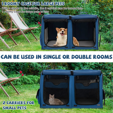 Double Compartment Pet Carrier with 2 Removable Hammocks-Navy
