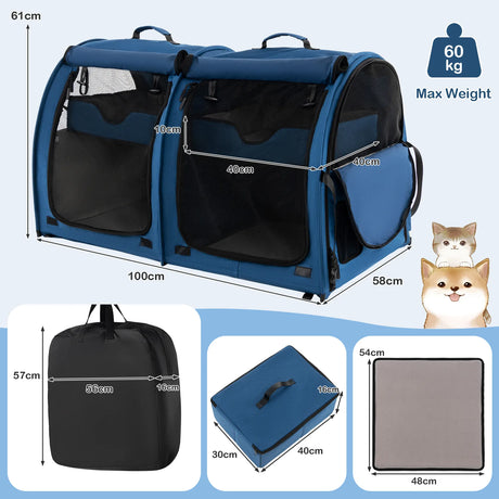 Double Compartment Pet Carrier with 2 Removable Hammocks-Navy