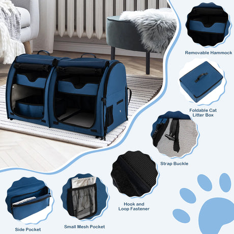 Double Compartment Pet Carrier with 2 Removable Hammocks-Navy