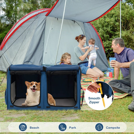 Double Compartment Pet Carrier with 2 Removable Hammocks-Navy
