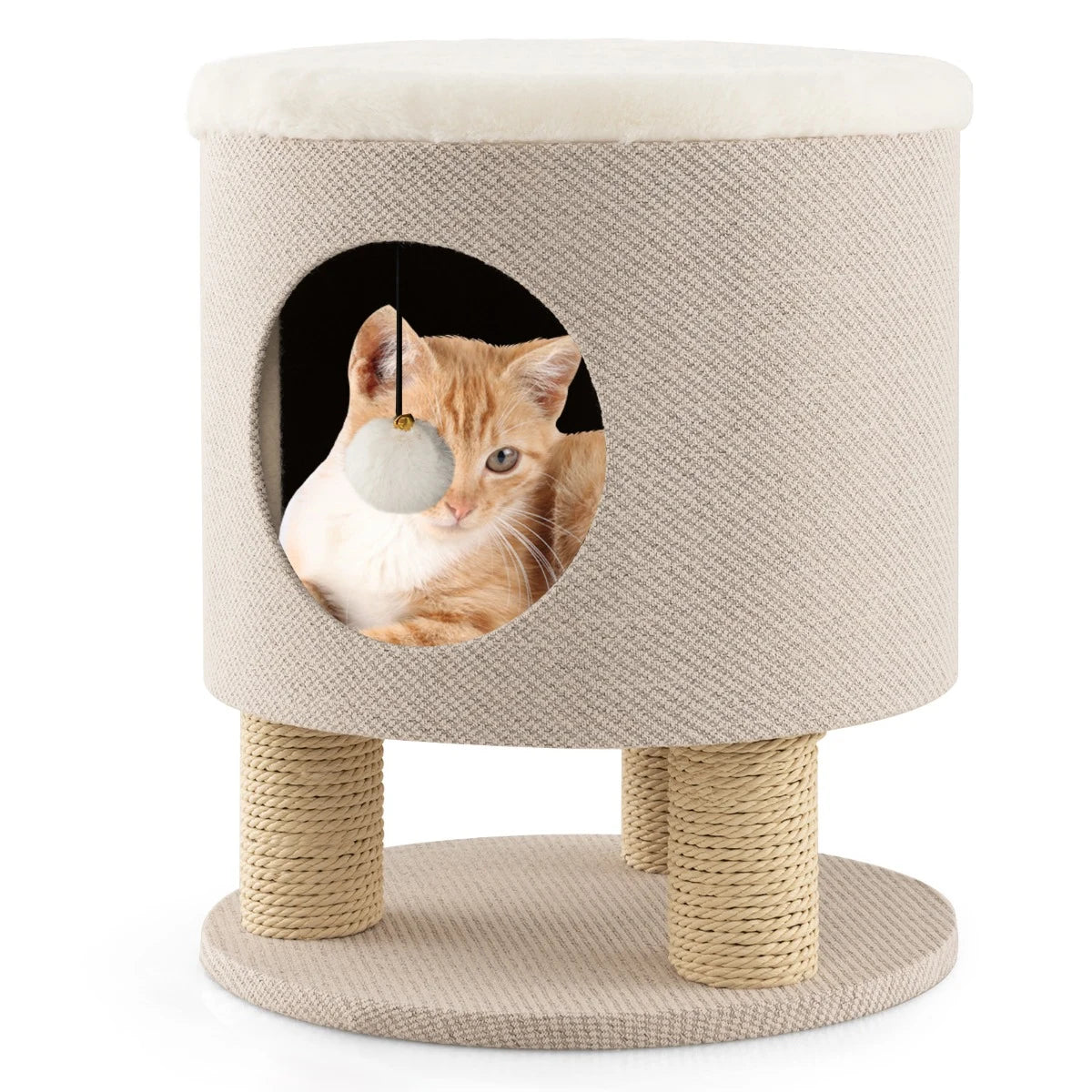 Cat Condo Stool for Indoor Cats with Scratching Posts and Plush Ball Toy-Beige