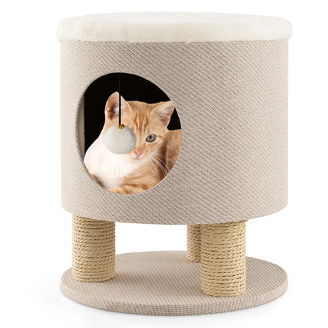 Cat Condo Stool for Indoor Cats with Scratching Posts and Plush Ball Toy-Beige