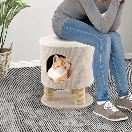 Cat Condo Stool for Indoor Cats with Scratching Posts and Plush Ball Toy-Beige