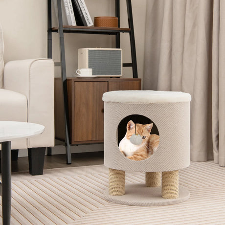 Cat Condo Stool for Indoor Cats with Scratching Posts and Plush Ball Toy-Beige