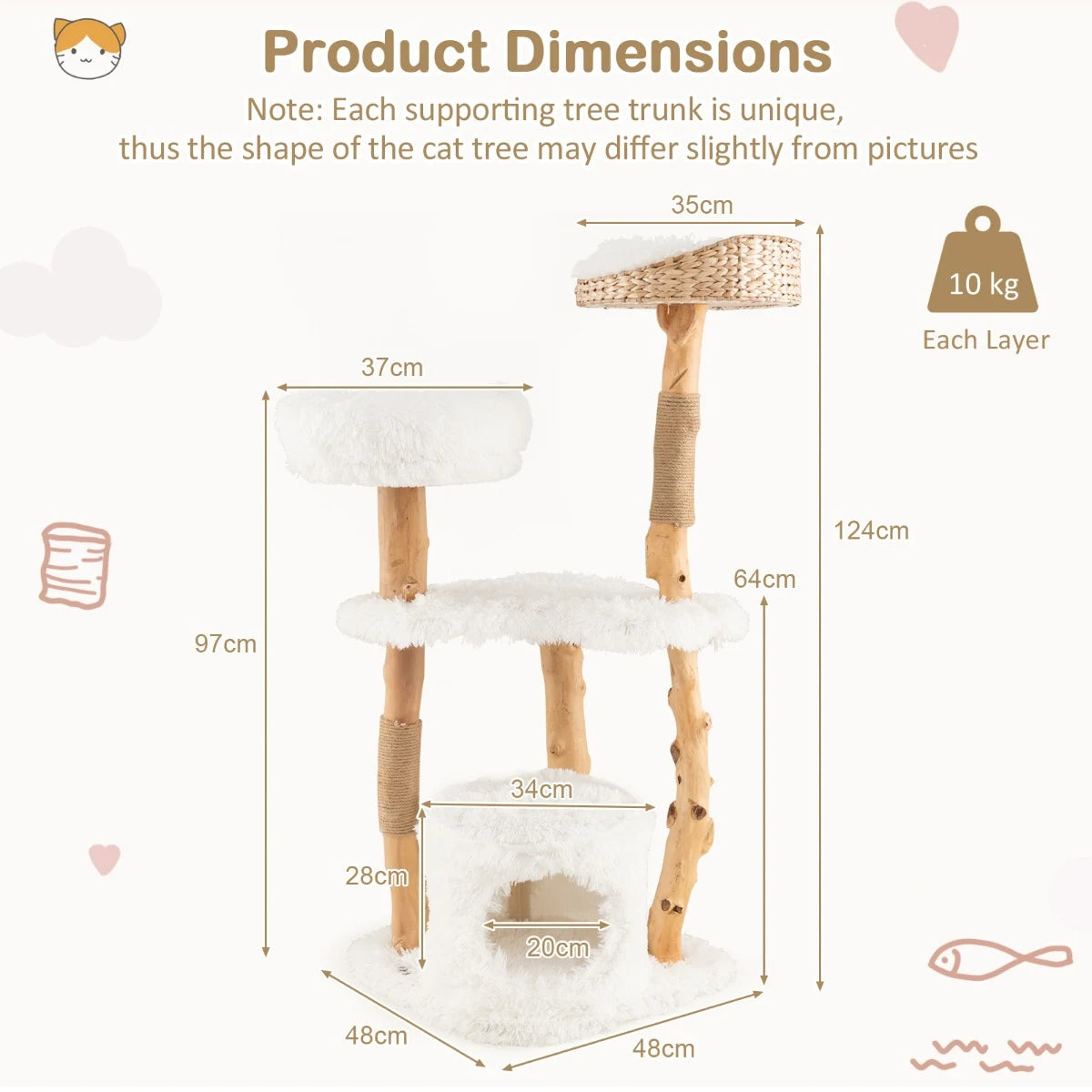 Solid Wood Cat Tower with Top Cattail Basket Cat Bed for Indoor Cats-White