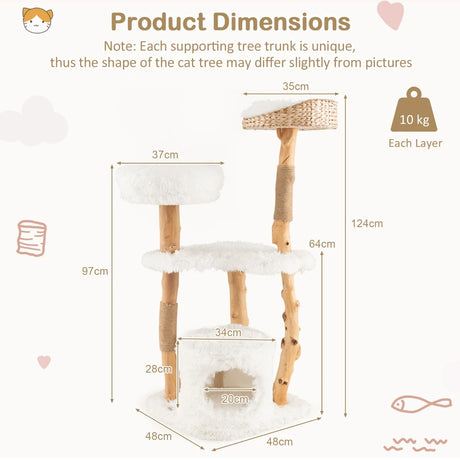Solid Wood Cat Tower with Top Cattail Basket Cat Bed for Indoor Cats-White