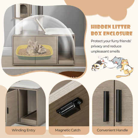 Cat Tree with Litter Box Enclosure for Indoor Cars-Gray