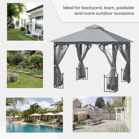 Outsunny 3 x 3(m) Garden Gazebo Patio Party Tent Shelter Outdoor Canopy Double Tier Sun Shade Metal Frame Netting, Light Grey