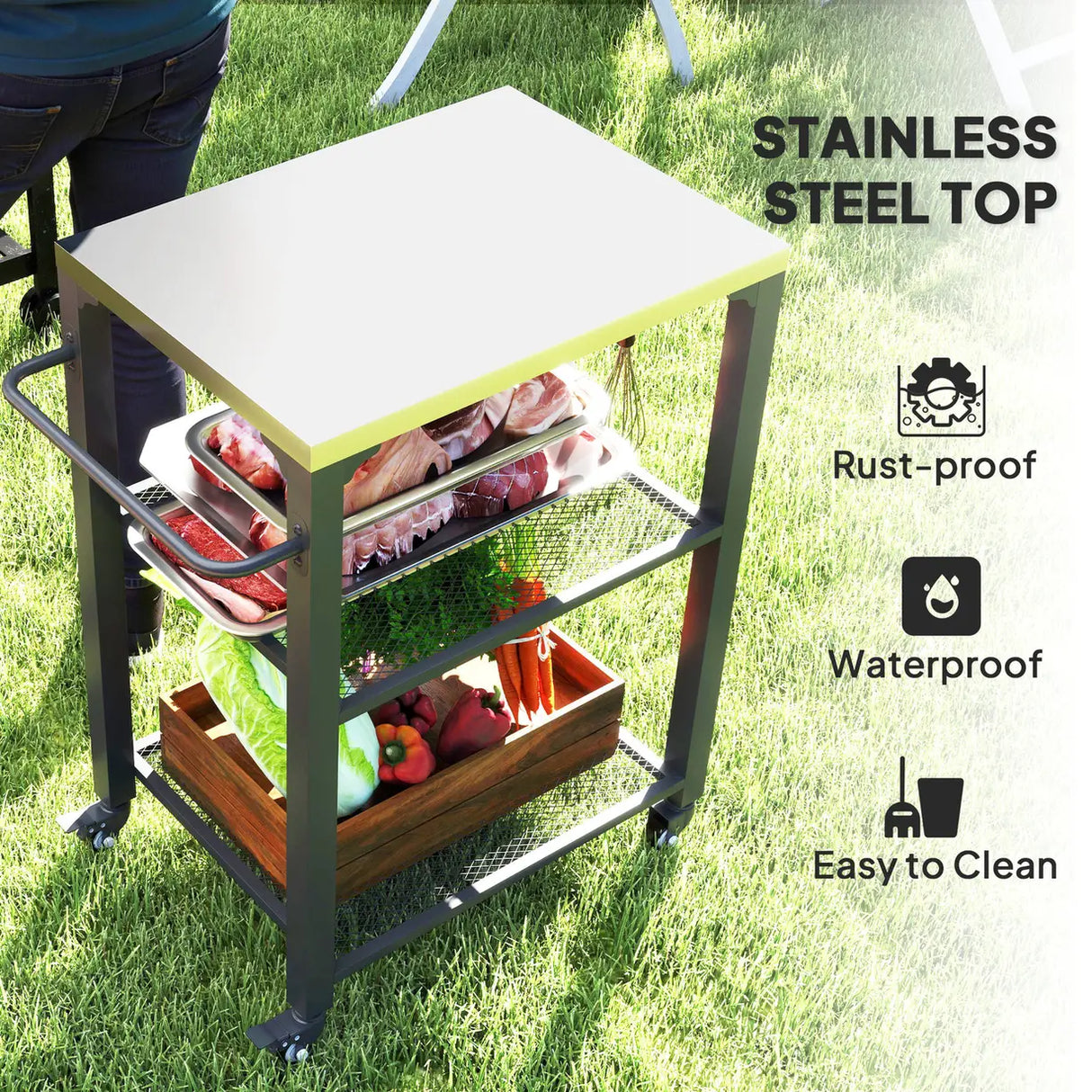 Outsunny Three-Shelf Outdoor Grill Cart with Stainless Steel Top, Outdoor Kitchen Island with 4 Wheels, 3 Hooks, Movable Food Prep Barbecue Pizza Oven Table for Kitchen, Garden, 65.5 x 41 x 79 cm