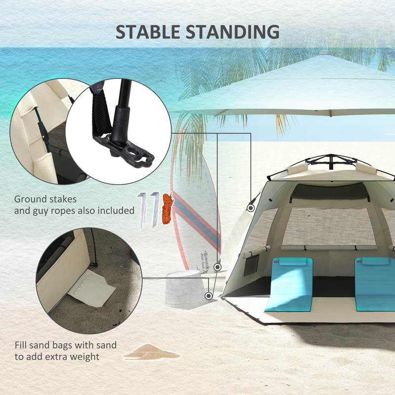 Outsunny Three-Man UPF15+ Beach Tent, with Extended Floor - Green