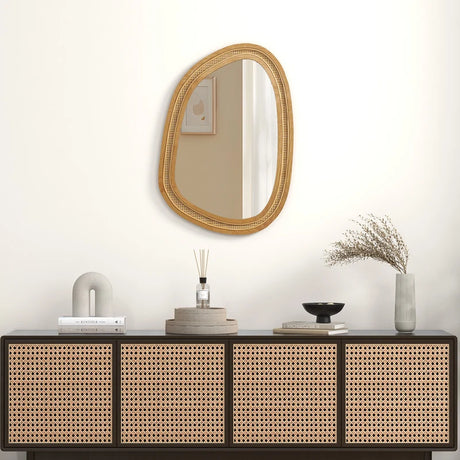 Irregular PVC Rattan Wall Decorative Mirror with Wooden Frame-Natural
