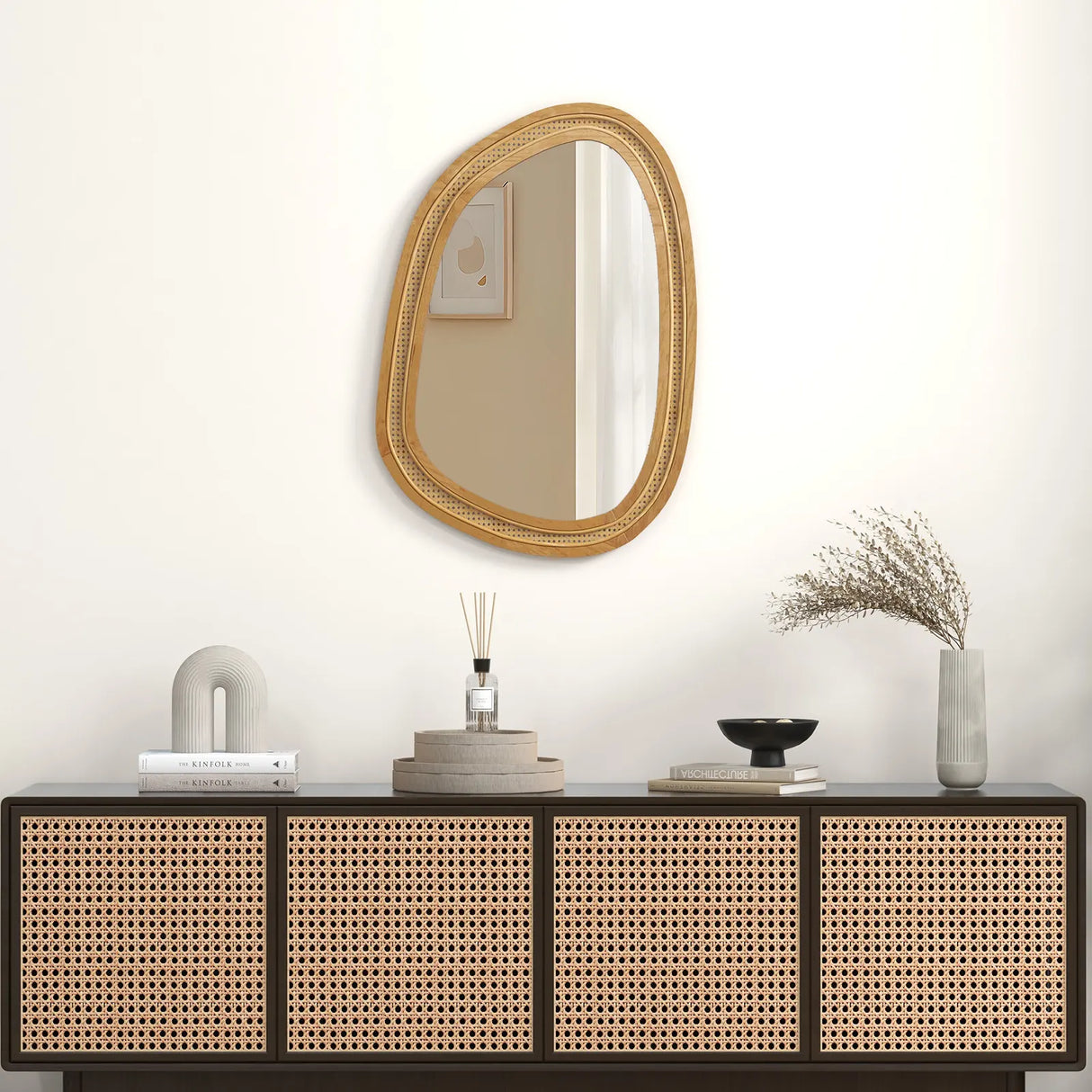 Irregular PVC Rattan Wall Decorative Mirror with Wooden Frame-Natural