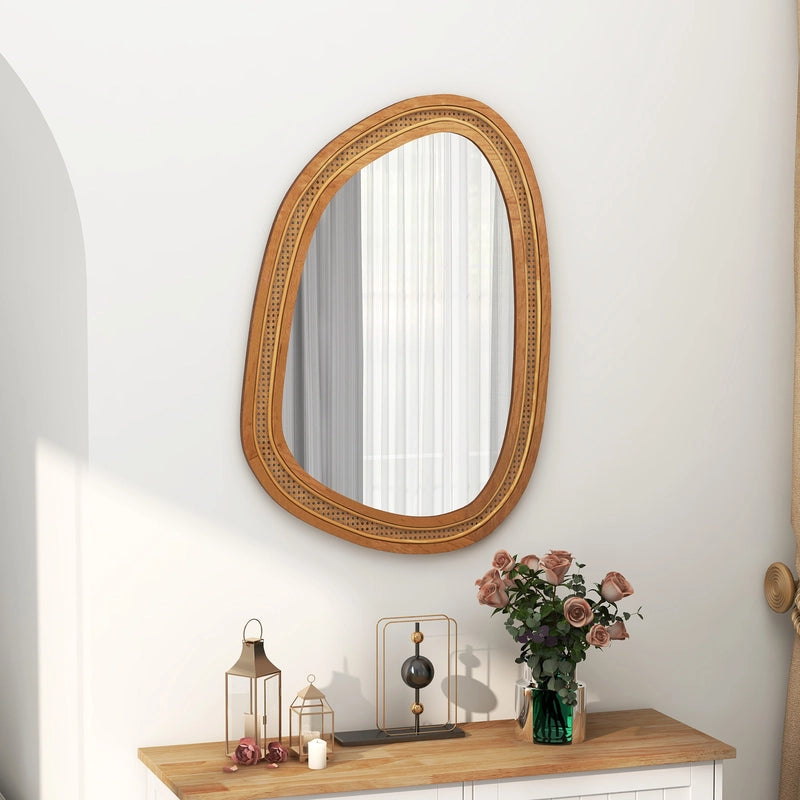 Irregular PVC Rattan Wall Decorative Mirror with Wooden Frame-Natural