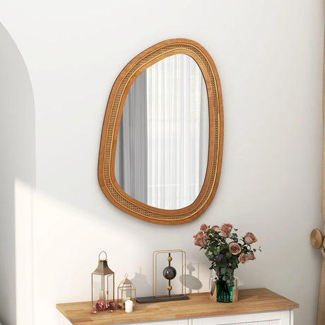 Irregular PVC Rattan Wall Decorative Mirror with Wooden Frame-Natural
