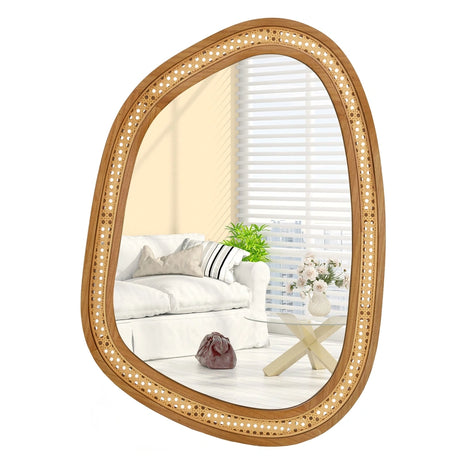 Irregular PVC Rattan Wall Decorative Mirror with Wooden Frame-Natural