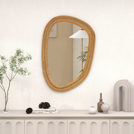 Irregular PVC Rattan Wall Decorative Mirror with Wooden Frame-Natural