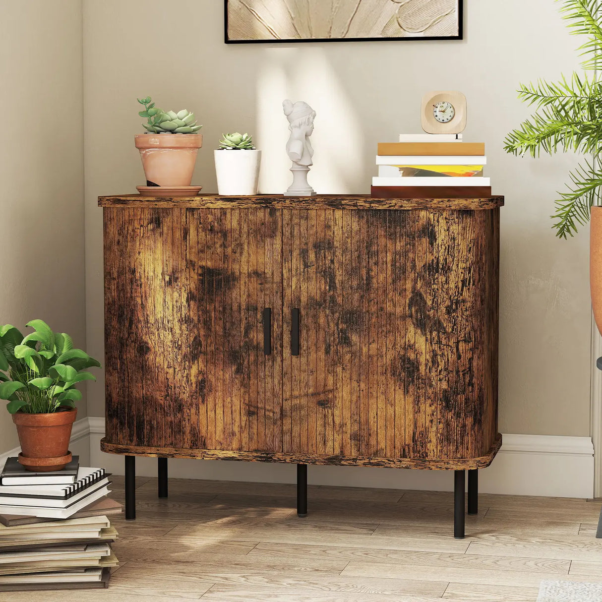 HOMCOM Mid-Century Modern Sideboard Storage Cabinet with Slatted Tambour Sliding Doors, Kitchen Cabinet with Steel Legs, Rustic Brown