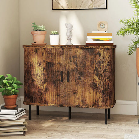 HOMCOM Mid-Century Modern Sideboard Storage Cabinet with Slatted Tambour Sliding Doors, Kitchen Cabinet with Steel Legs, Rustic Brown