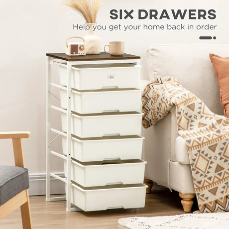 HOMCOM Bedroom Chest of Drawers, 6-Drawer Dresser, Tall Storage Drawer Unit with Steel Frame for Living Room, White