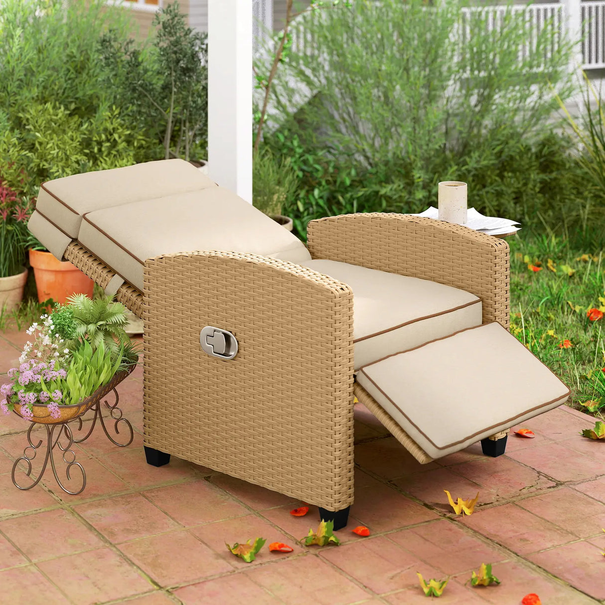 Outsunny 145 Reclining Rattan Armchair, with Footrest - Khaki/Beige
