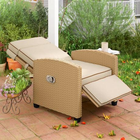 Outsunny 145 Reclining Rattan Armchair, with Footrest - Khaki/Beige