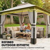 Outsunny 3 x 3.6 m Outdoor Garden Gazebo with Netting and Curtains, Double Roof Patio Gazebo Permanent Pavilion, Light Grey