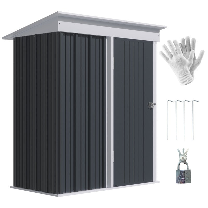 Outsunny Metal Garden Shed, Outdoor Lean-to Shed for Tool Motor Bike, with Adjustable Shelf, Lock, Gloves, 5'x3'x6',  Dark Grey