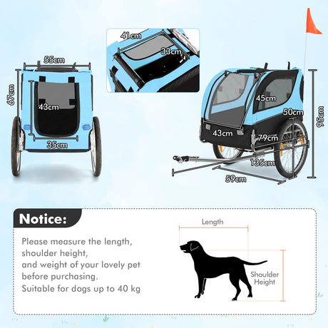 Folding Pet Bike Trailer with 3 Zippered Doors and 8 Reflectors-Blue