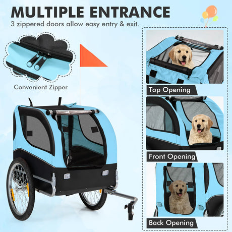 Folding Pet Bike Trailer with 3 Zippered Doors and 8 Reflectors-Blue