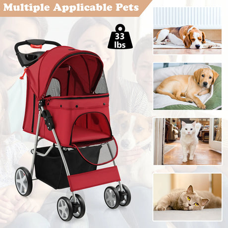 Pet Stroller Folding Dog Stroller with Storage Basket Cup Holders and Mesh Window Travel Cart with 4 Wheels Red