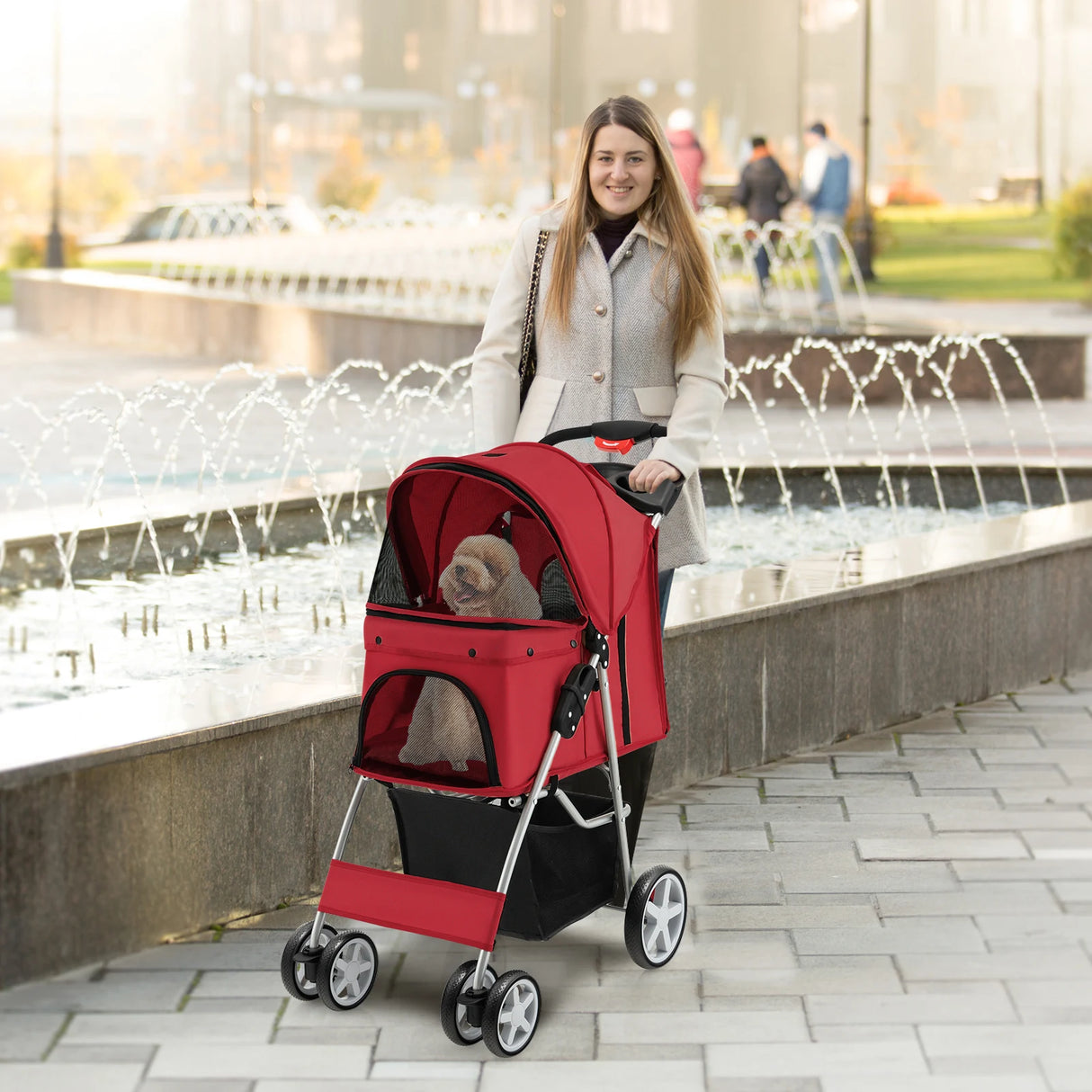 Pet Stroller Folding Dog Stroller with Storage Basket Cup Holders and Mesh Window Travel Cart with 4 Wheels Red