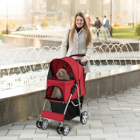Pet Stroller Folding Dog Stroller with Storage Basket Cup Holders and Mesh Window Travel Cart with 4 Wheels Red