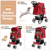 Pet Stroller Folding Dog Stroller with Storage Basket Cup Holders and Mesh Window Travel Cart with 4 Wheels Red