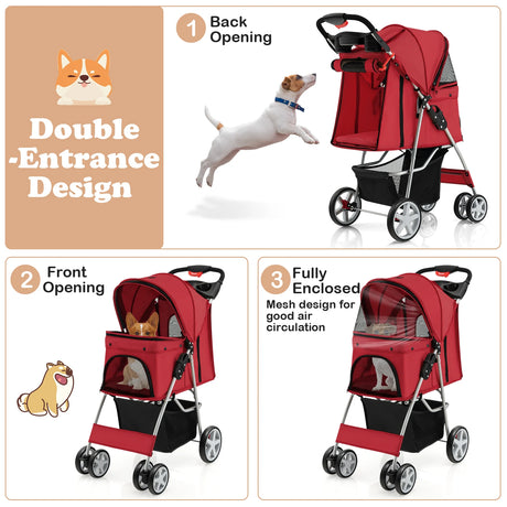 Pet Stroller Folding Dog Stroller with Storage Basket Cup Holders and Mesh Window Travel Cart with 4 Wheels Red