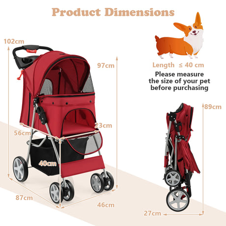 Pet Stroller Folding Dog Stroller with Storage Basket Cup Holders and Mesh Window Travel Cart with 4 Wheels Red