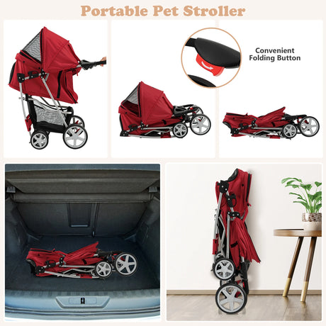 Pet Stroller Folding Dog Stroller with Storage Basket Cup Holders and Mesh Window Travel Cart with 4 Wheels Red