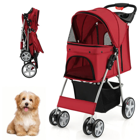 Pet Stroller Folding Dog Stroller with Storage Basket Cup Holders and Mesh Window Travel Cart with 4 Wheels Red