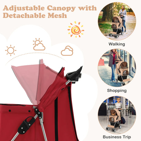 Pet Stroller Folding Dog Stroller with Storage Basket Cup Holders and Mesh Window Travel Cart with 4 Wheels Red