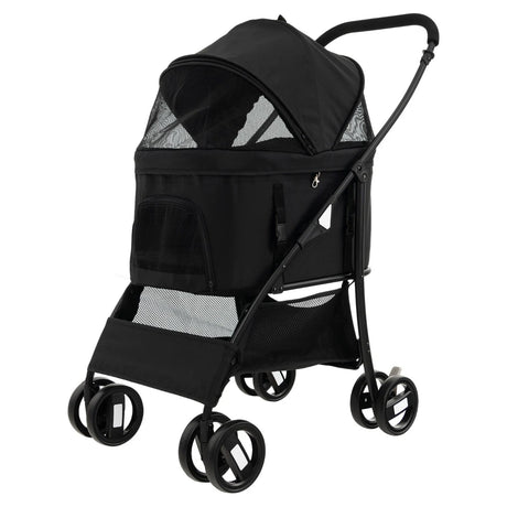 Foldable Pet Stroller with 4-Level Adjustable Canopy and Storage Basket-Black