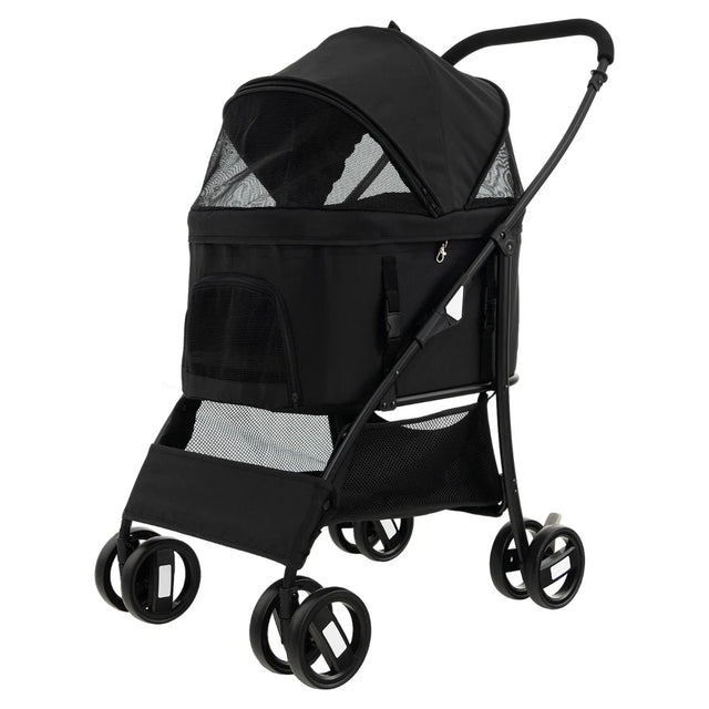 Foldable Pet Stroller with 4-Level Adjustable Canopy and Storage Basket-Black