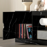 HOMCOM TV Stand Cabinet, Marble Effect TV Unit for up to 55" TVs with Glass Shelf and Storage Cabinet, Entertainment Unit for Living Room, Bedroom, Black