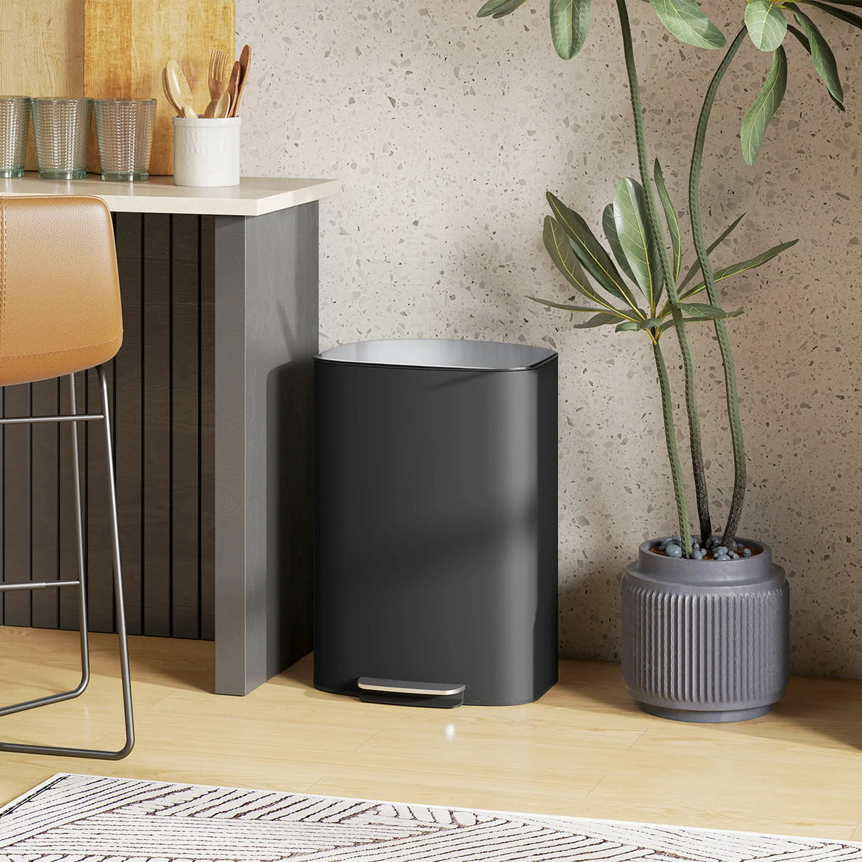 HOMCOM 50L Kitchen Bin with Soft-Close Lid and Stay-Open Function, Stainless Steel Pedal Bin with Removable Inner Bucket, Carry Handle for Kitchen, Office, Home, Black