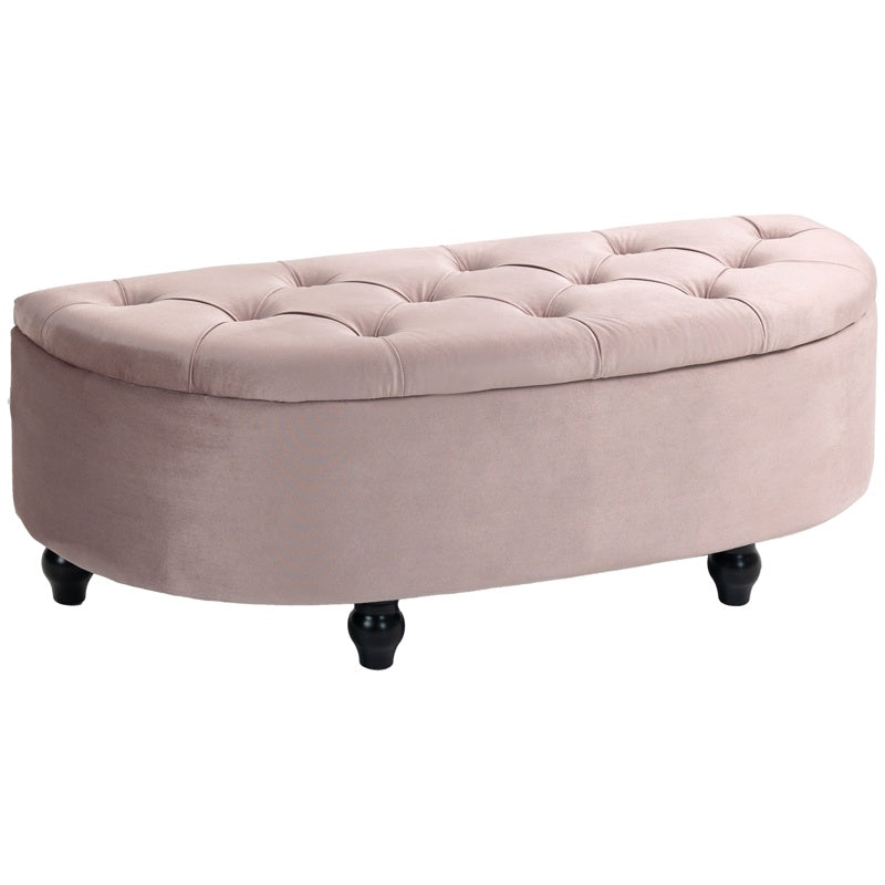 HOMCOM Semi-Circle Bed End Bench Ottoman with Storage Tufted Upholstered Accent Seat Footrest Stool with Rubberwood Legs for Bedroom & Entryway, Pink