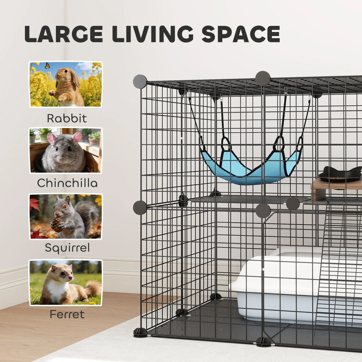 PawHut Indoor Cat Cage DIY Customizable 2-Tier Indoor Cat Enclosure with 2 Doors and Hammock 70 cm Black