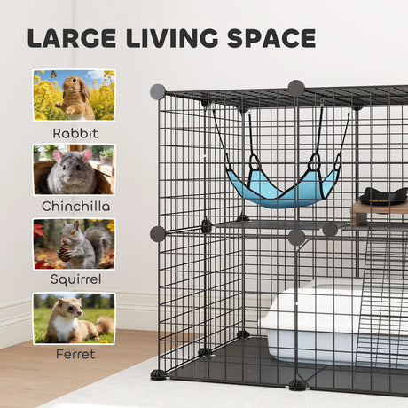 PawHut Indoor Cat Cage DIY Customizable 2-Tier Indoor Cat Enclosure with 2 Doors and Hammock 70 cm Black