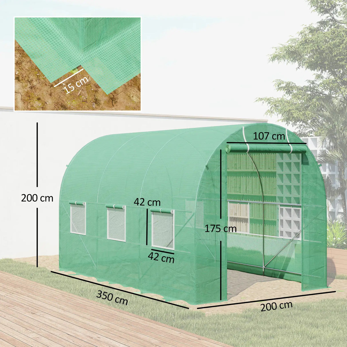 Outsunny 3.5 x 2m Walk-In Polytunnel Greenhouse, with Steel Frame, PE Cover, Roll-Up Door and 6 Windows, Green