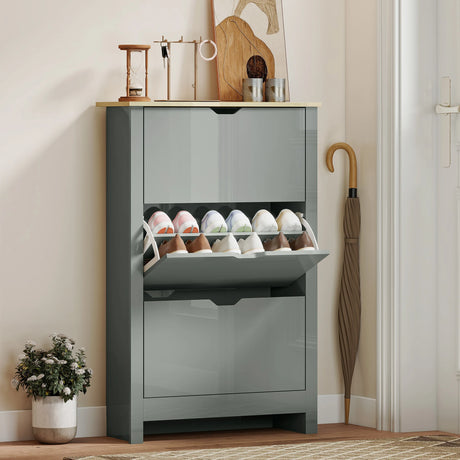 HOMCOM Slim Shoe Cabinet, Narrow Shoe Cupboard with 3 Flip Drawers, Adjustable Shelves for 18 Pairs of Shoes, Light Grey